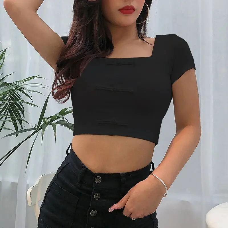 Women Summer Low-cut Plain Square Neck Basic Short Sleeve Ladies Slim Fit Tight Crop Top T-Shirt Cropped Belly Tee | Женская одежда