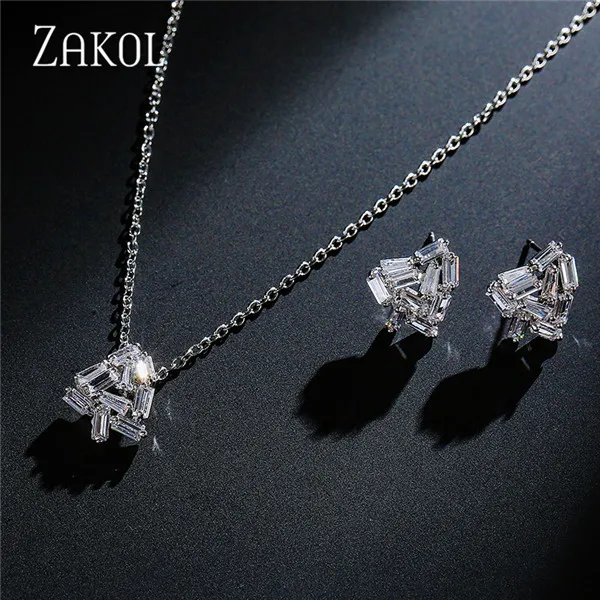 White Color ZAKOL изысканный багет кубический циркон Свадебный набор украшений для женщин девушка мода треугольник ожерелье и серьги набор FSSP343 - Окраска металла: White Color