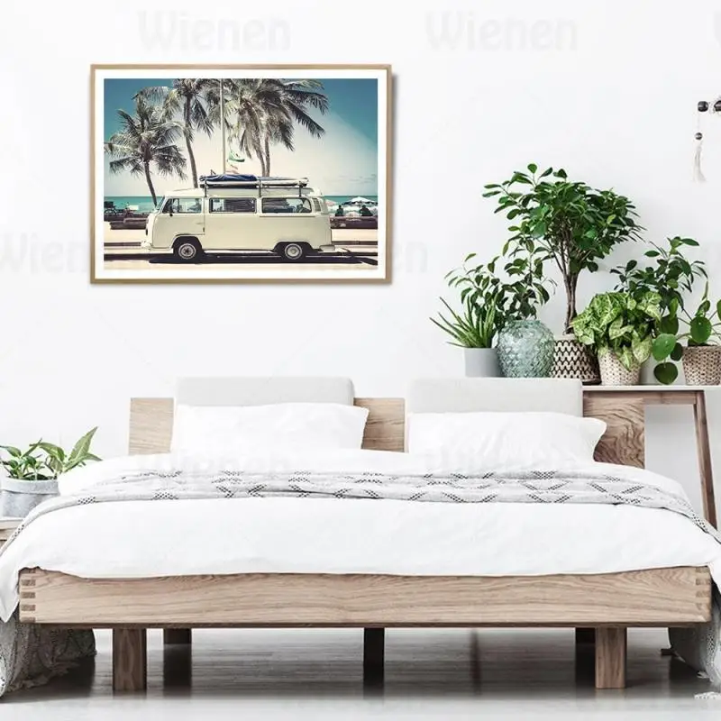 Постер с печатью высокой четкости "Пляжный пейзаж в стиле Калифорнии" на холсте с изображением кемпер-автобуса, морского пейзажа, ретро декора для дома, безрамочный муралистический холст.