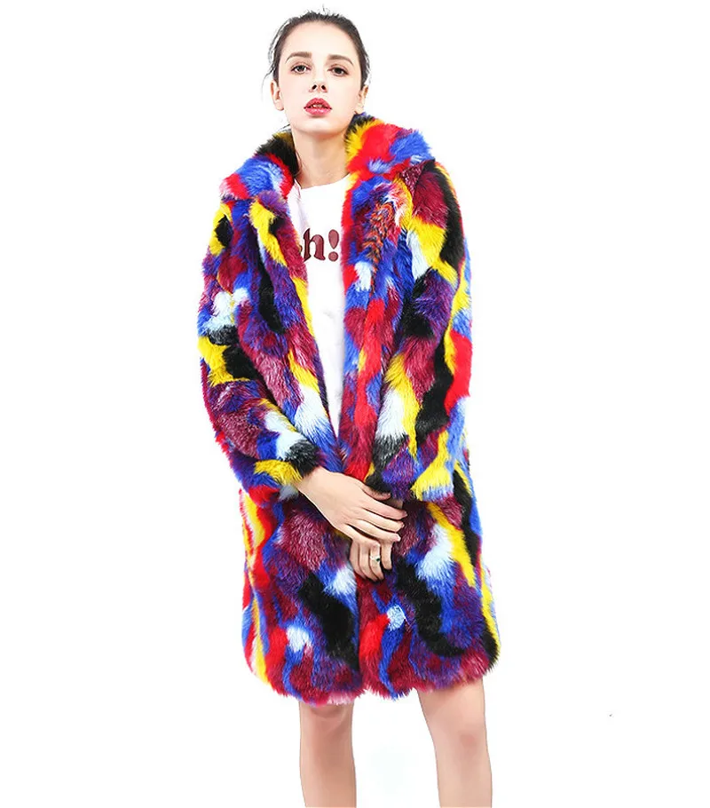 

Зимнее шикарное модное женское пальто, меховое пальто с разноцветными отворотами, длинный тренчкот из искусственного кроличьего меха, тепл...