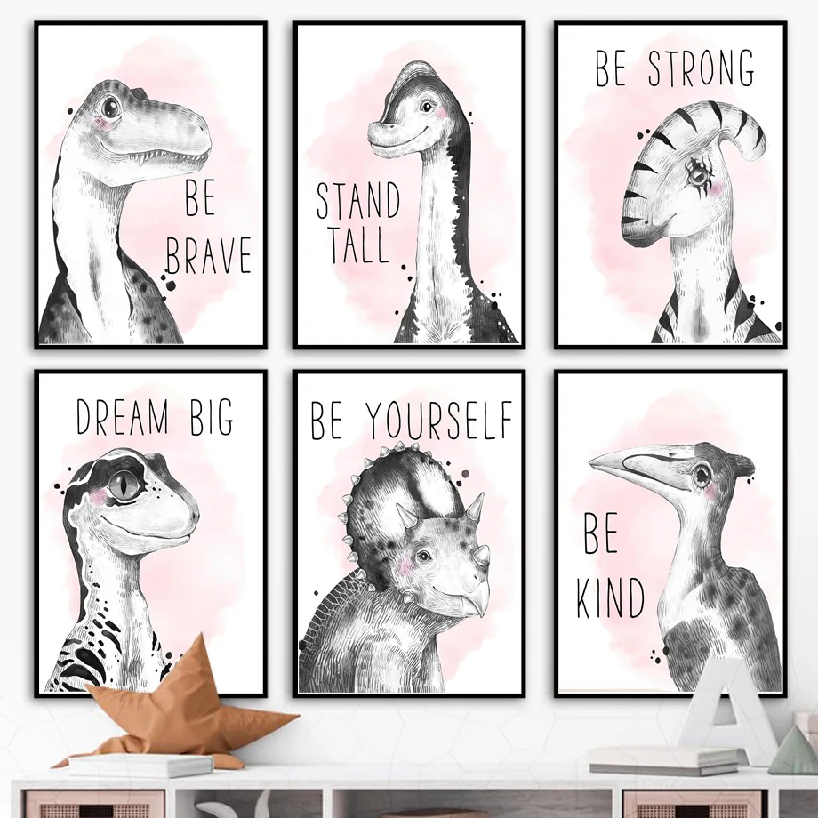 

Cartoon Dinosaur Inspirational Quotes Baby Bedroom Wall Art Print Canvas Painting Nordic Poster Nursery Decor Pictures Kids Room