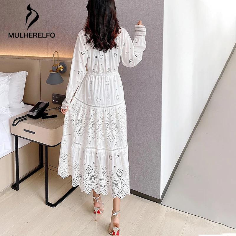 

Retro Round Hollow Out Sleeve Lace-Up Collar Dress Women White Elegant Women's Summer Clothes Irregular Hem Female Maxi Dresses