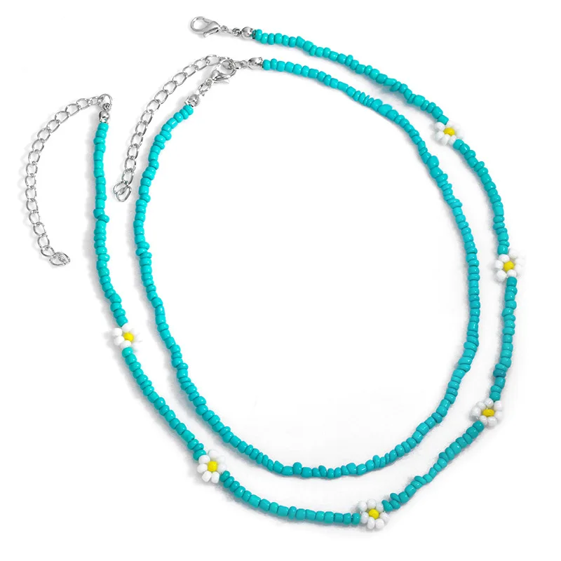 

QMHJE Sun Flower Charm Choker Necklace For Women Girl 2 Pieces One Set Seed Beads Chain Colorful Bohemia Fashion Jewelry Candy