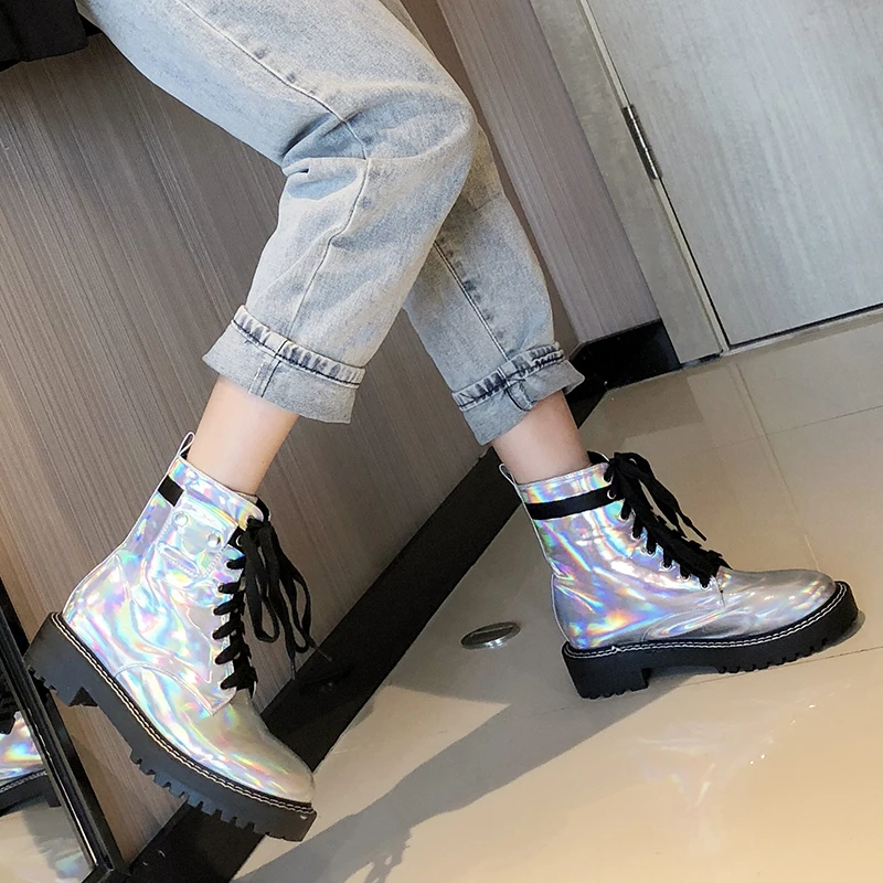 Rimocy Womens Silver Laser Patent Leather Ankle Boots Fashion Lace Up Thick Platform Shoes Woman Mid Heel Motorcycle Mujer |