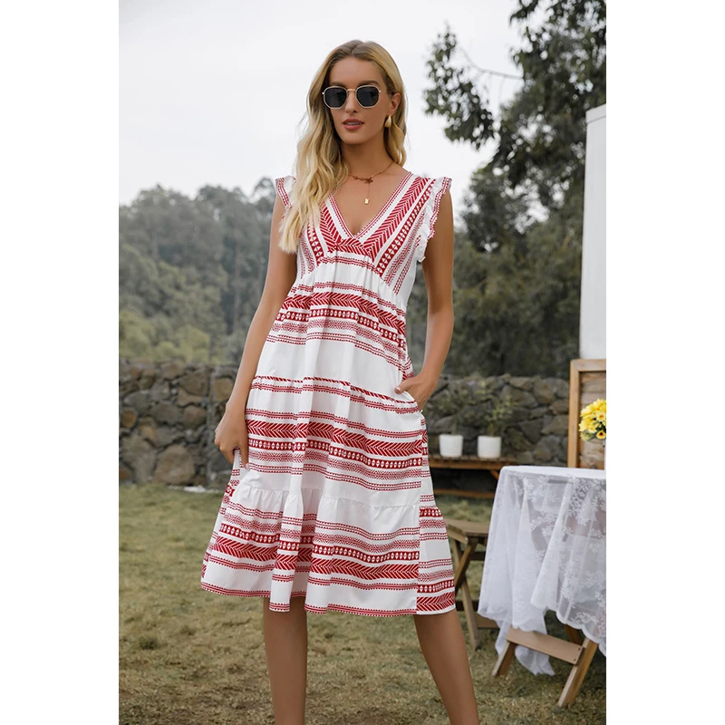 

2021 All-Match Bohemia Ruffle Sleeve Dresses Fashion V-Neck Sleeveless Pocket Stripes Dress Summer Clothes For Women Hot Sale