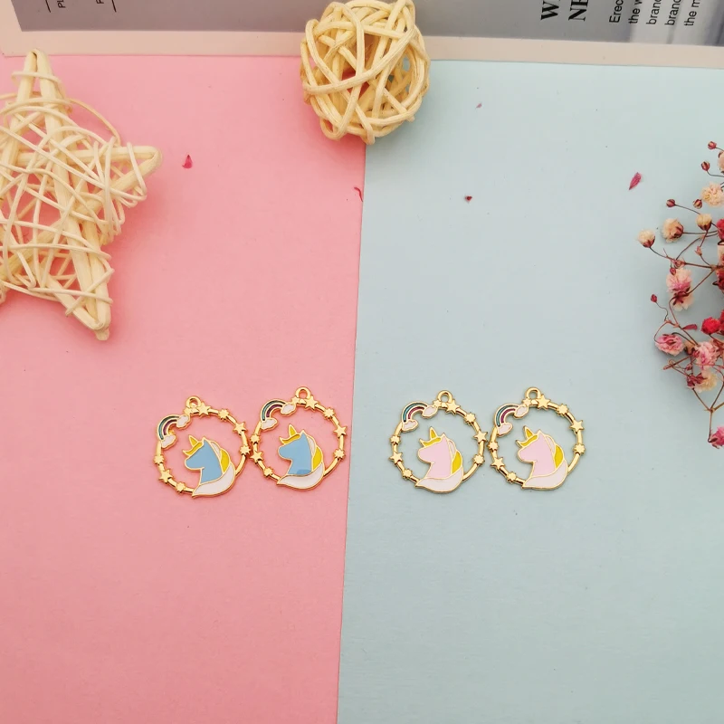 

10pcs Ring Alloy Enamel Charms Rainbow Wreath Unicorn Pendant DIY Earring Bracelet Finding Fit Jewelry Making Accessory 23*24mm