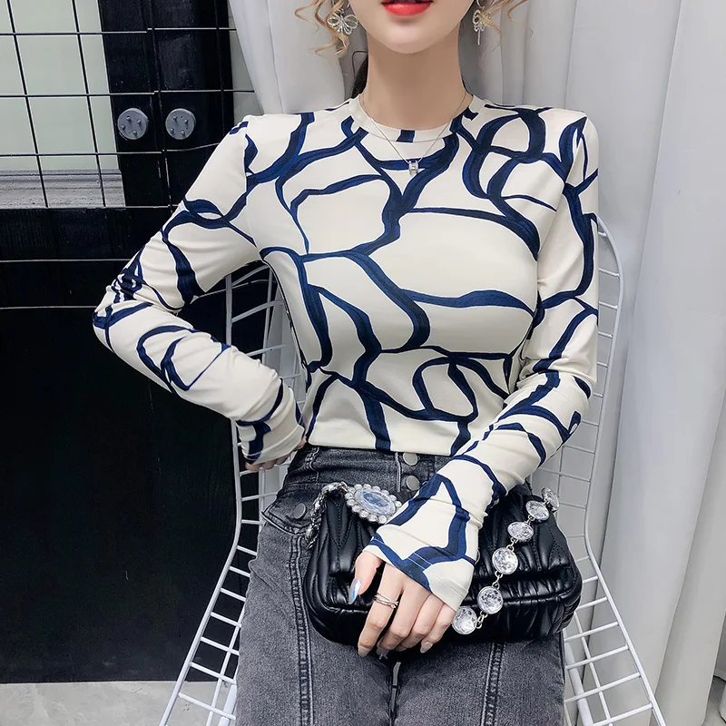 

Autumn And Winter New Black And White Line Circle Abstract Slim Round Neck Long Sleeve Printed Bottomed Shirt T-shirt traf