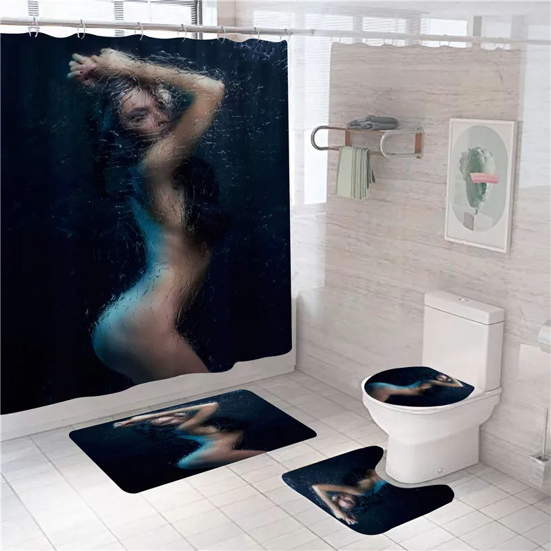 

4Pcs/Set African American Girl Shower Curtain Waterproof Polyester Bath Screens Art Afro Polyster Curtains Bathroom Home Decor