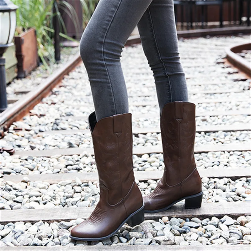 

MORAZORA 2020 hot Western boots pointed toe square heel autumn winter casual shoes women mid calf boots big size 46 wholesale