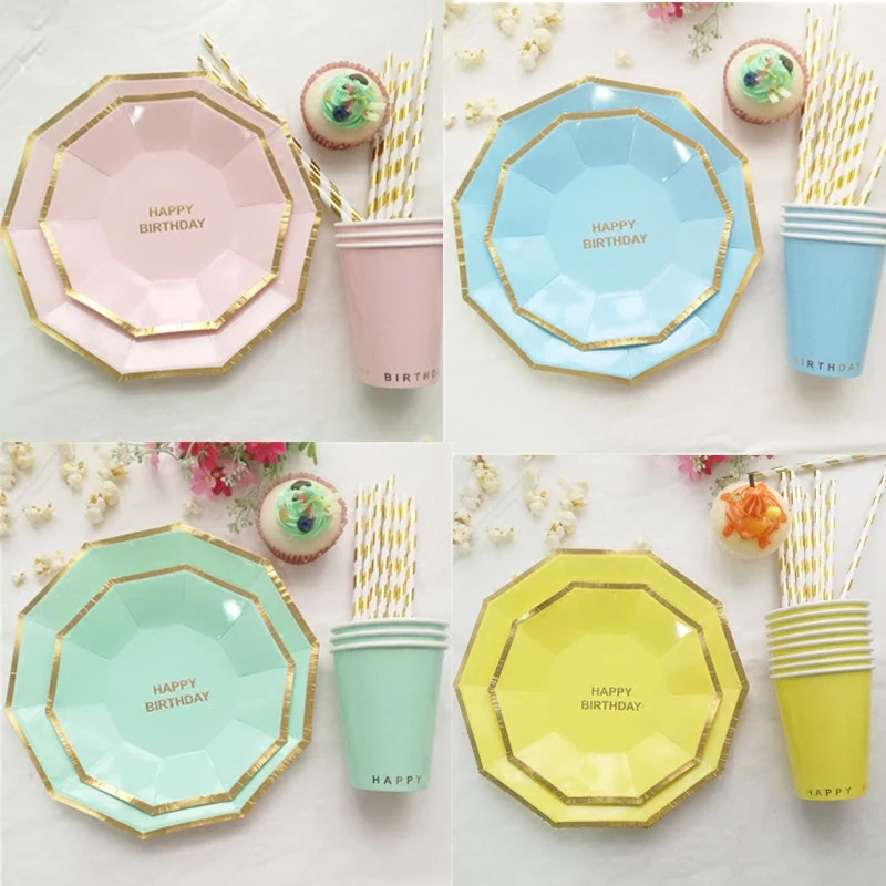 

64pcs/lot Paper Plates Happy Birthday Theme Paper Plates Dishes Candy Rainbow Color Ins Hot Fiesta Dessert Hollowware Set Favors
