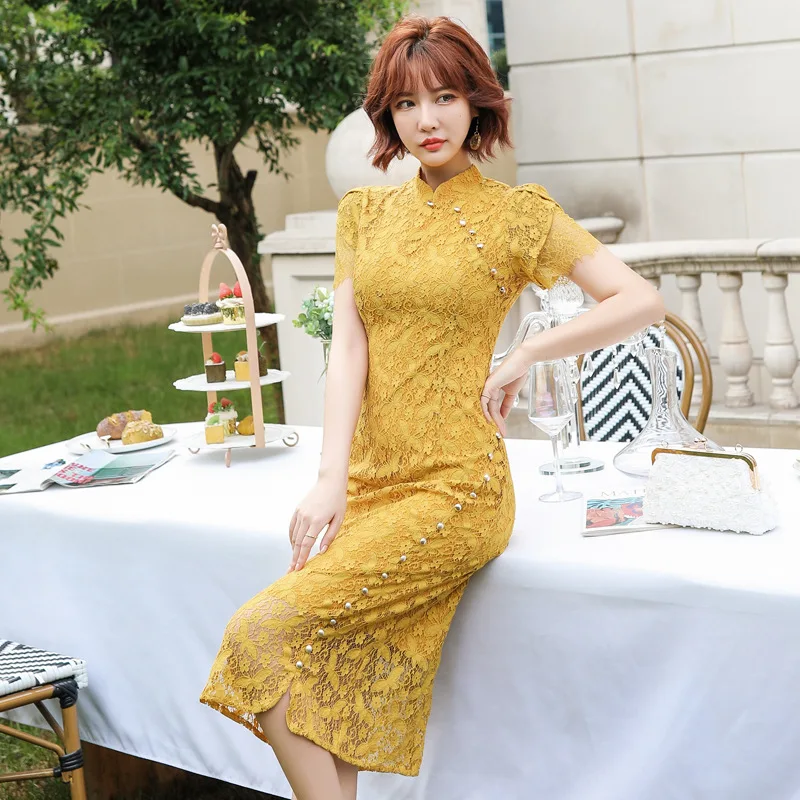 

Высококачественное летнее платье-Ципао, приталенное платье в китайском стиле, средней длины