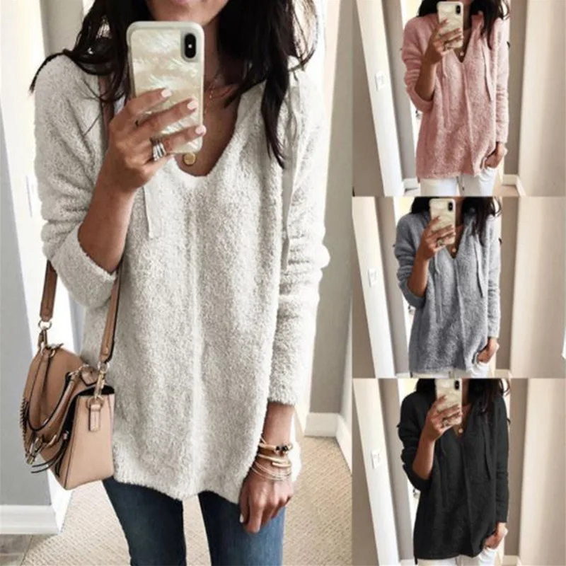 

Женская осенне-зимняя бархатная рубашка с капюшоном 2020, свободные белые и черные свитера с V-образным вырезом