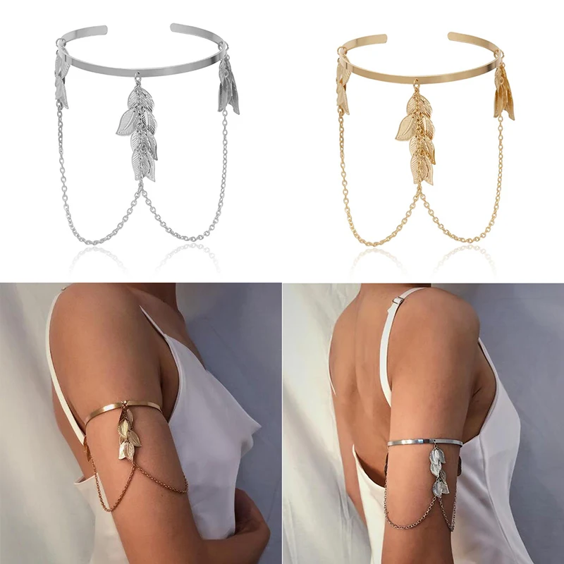 

Retro Boho Leaves Upper Cuff Bangle Armband Arm Slave Chain Bracelet Jewelry