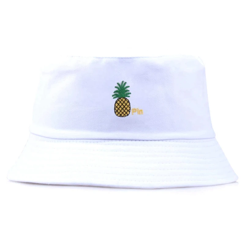 White Pineapple SMILE Bucket Hat Double Sided Bucket Hat Smiling face Unisex Fashion Bob Cap Hip Hop Gorro Men Summer Cap - Color: White Pineapple