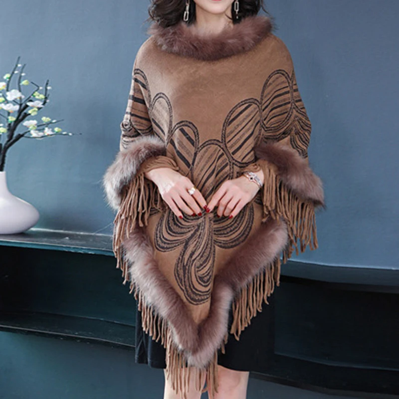 

Корейская версия женской накидки большого размера, кашемировый свитер, свободная кисточка в длинной куртке с меховым воротником.