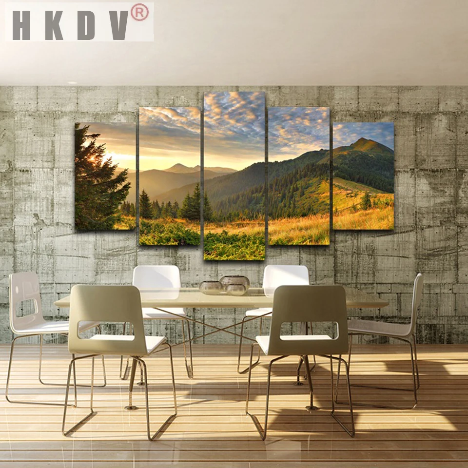 

HD Print Painting Canvas Home Decor 5 Piece Sunset Mountain Clouds Green Nature Landscape Poster Modular Wall Art Pictures Frame