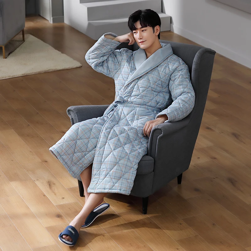 

Халат толстый теплый мужской, 3-слойная ночная рубашка с длинным рукавом, удобный мягкий клетчатый повседневный мужской Халат