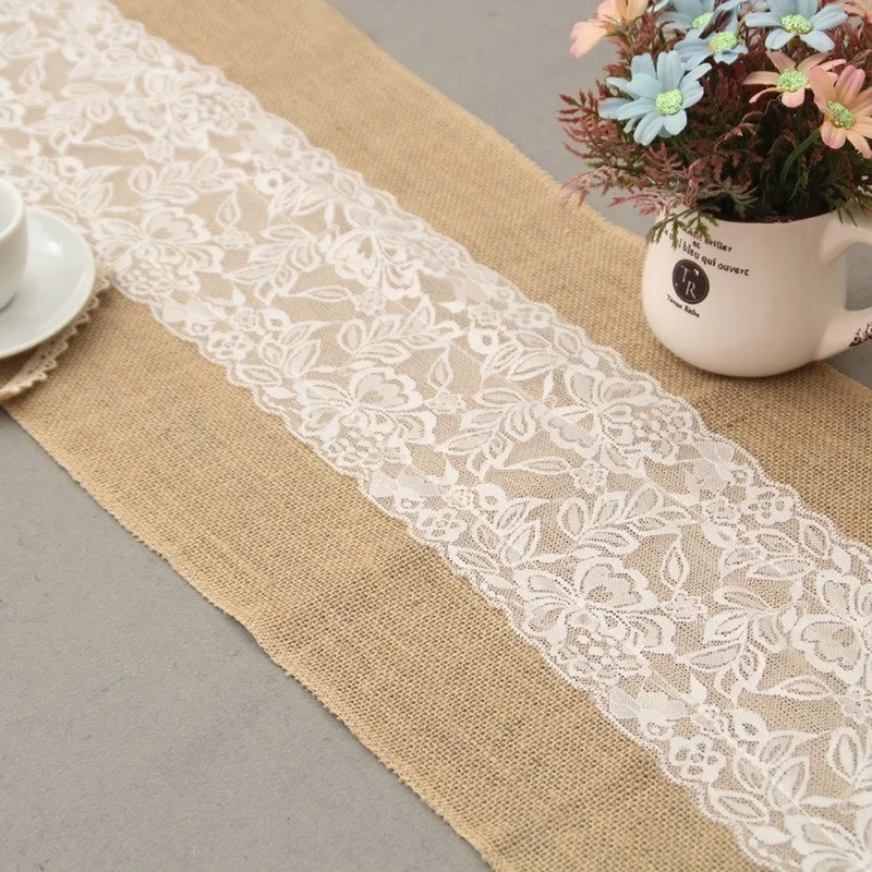 

30*275cm Burlap Lace Table Runner Lace Vintage Rolls Runners for Wedding Decoration Rustic Kitchen Decor Farmhouse Christmas