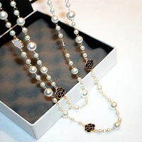 long pearl necklace black flower white beads necklace for women luxury sweater coat decoration clothes accessories gift