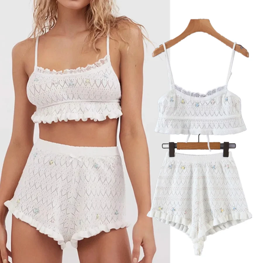 

Withered Ins Fashion Blogger Vintage Strapless Sexy Knitted Camisole Shorts Women Short Feminino Bermuda Women Two Pieces Sets