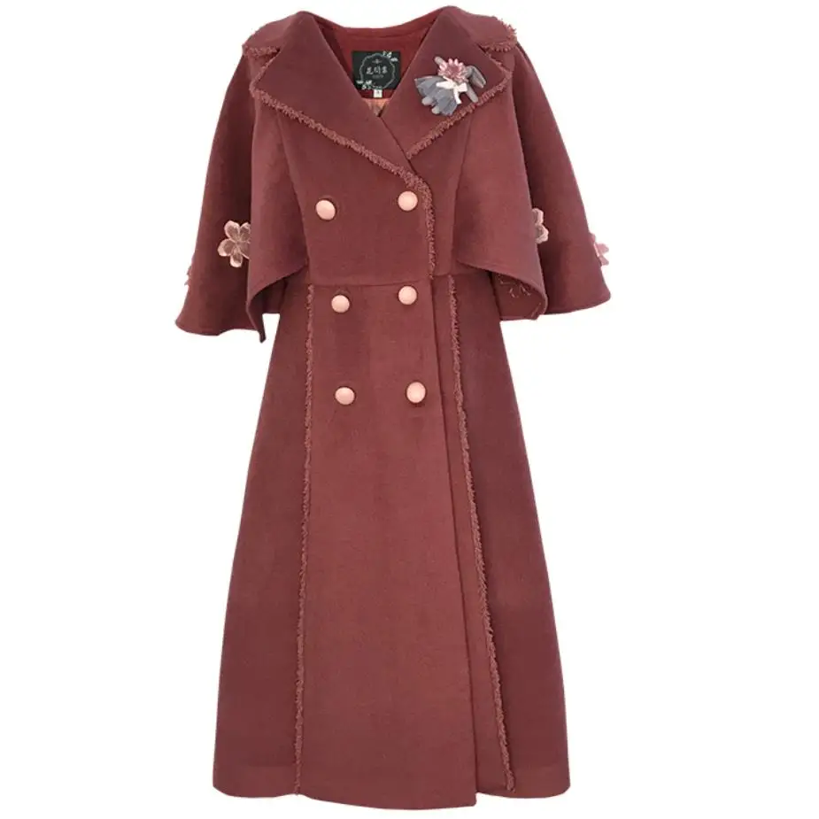 

autumn winter vintage embroidered woolen cloak coat women double breasted sweet princcess overcoat