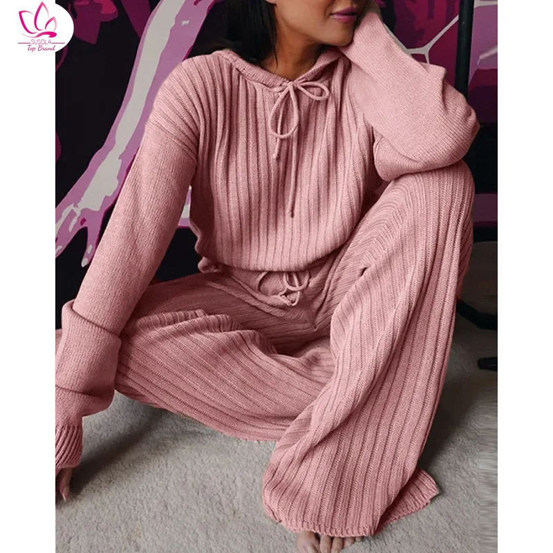 

Женский Повседневный комплект из двух предметов, однотонная трикотажная кофта с длинным рукавом и свободные брюки на шнуровке, осень-весна