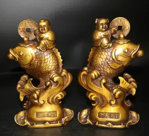 China brass boy and Girl riding  fish wealth statue