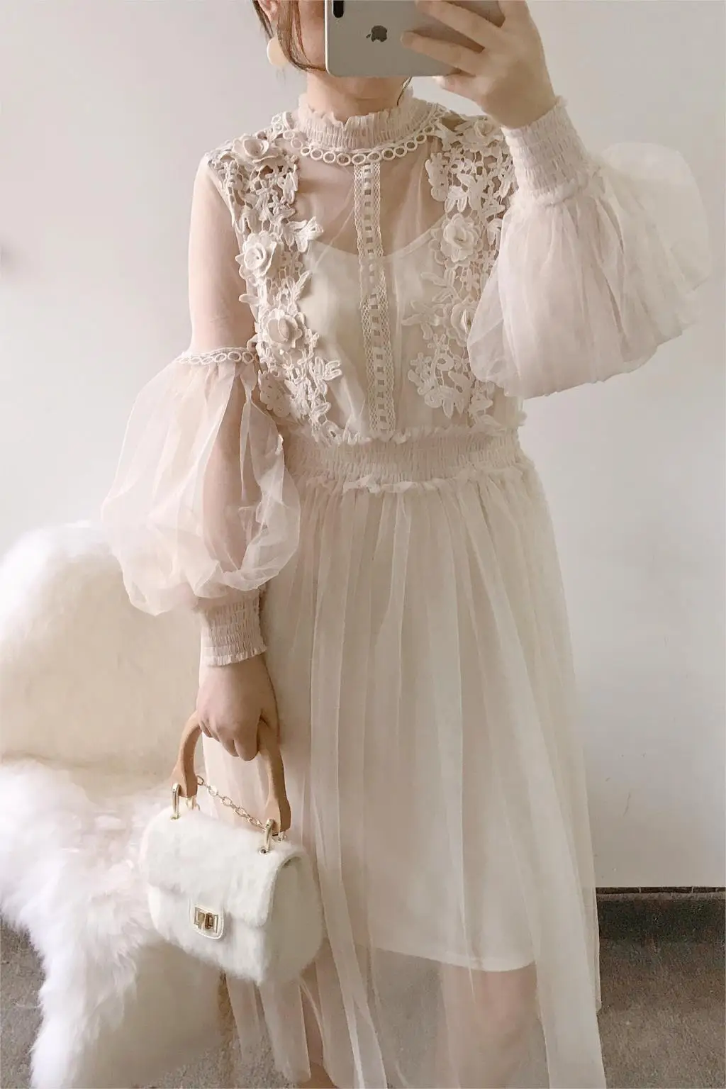 

2020 Vadim Summer Dress Sale Robe New Fairy Bubble Lantern Sleeve Mesh Yarn Lace Flower Three-dimensional Elastic Waist Female