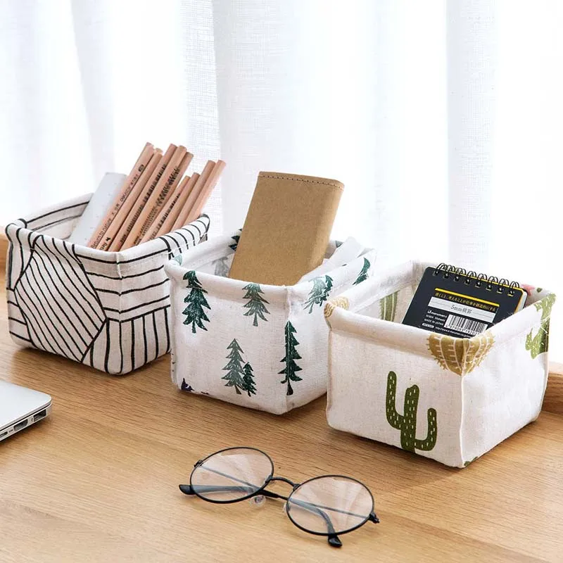 

Foldable Sundries Storage Basket Cute Printing Desktop Storage Box Cotton Linen Canvas Fabric Waterproof Organizer With Handles
