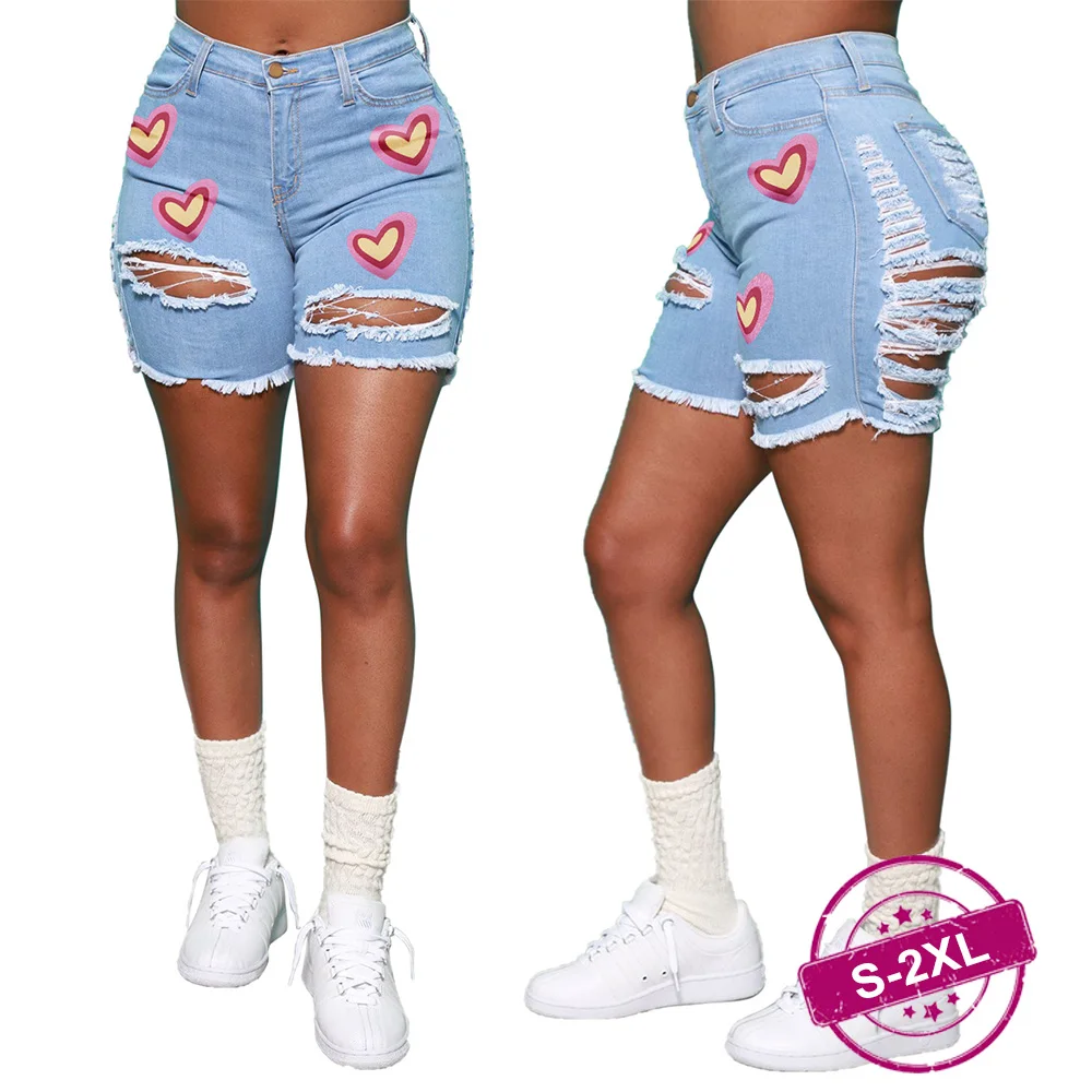 

Women Shorts Denim Hot Sale Ladies Summer Ripped Tassel Denim Short High Waist Love Print Shorts Jeans Y2k Casual Plus Size