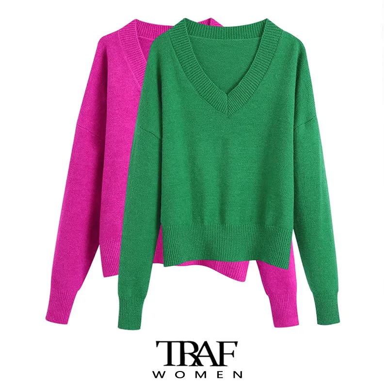 

Женский вязаный свитер с V-образным вырезом и длинным рукавом