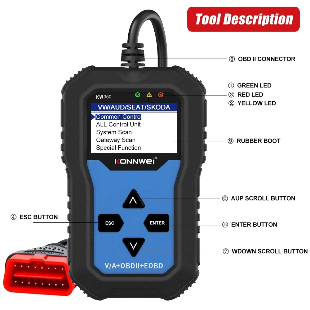

KW350 Professional OBD2 Scanner Auto Code Reader For VW For Audi For Skoda Diagnostic Check Engine Light Scan Tool