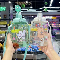 large capacity outdoor sports water bottle with straw strap creative cute sticker portable plastic kids sippy water cup1300ml