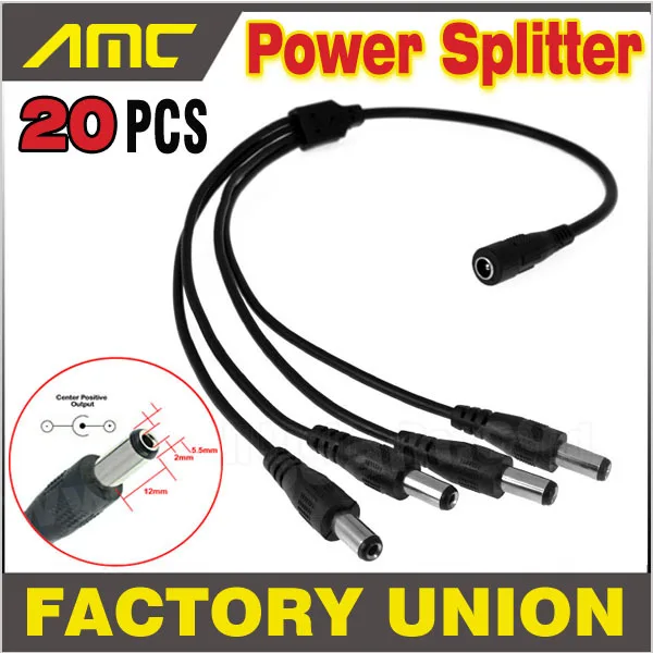 20pcs/lot Surveillance dc power splitter cable 12V Pigtail 2.1*5.5mm 1 Female to 4 Male CCTV Cable Plug  for CCTV Camera