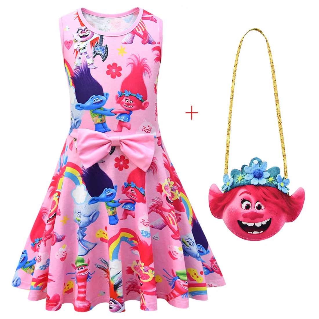 

2021 Summer Kids Clothes Girls Princess Dresses Trolls Cosplay Costume Children Birthday Party Clothing Sleeveless Dress and Bag