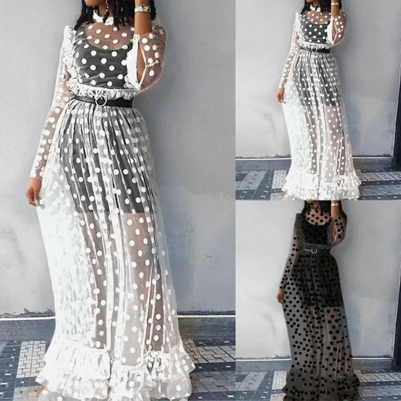 Женское элегантное Сетчатое Прозрачное платье в горошек с замочной скважиной на