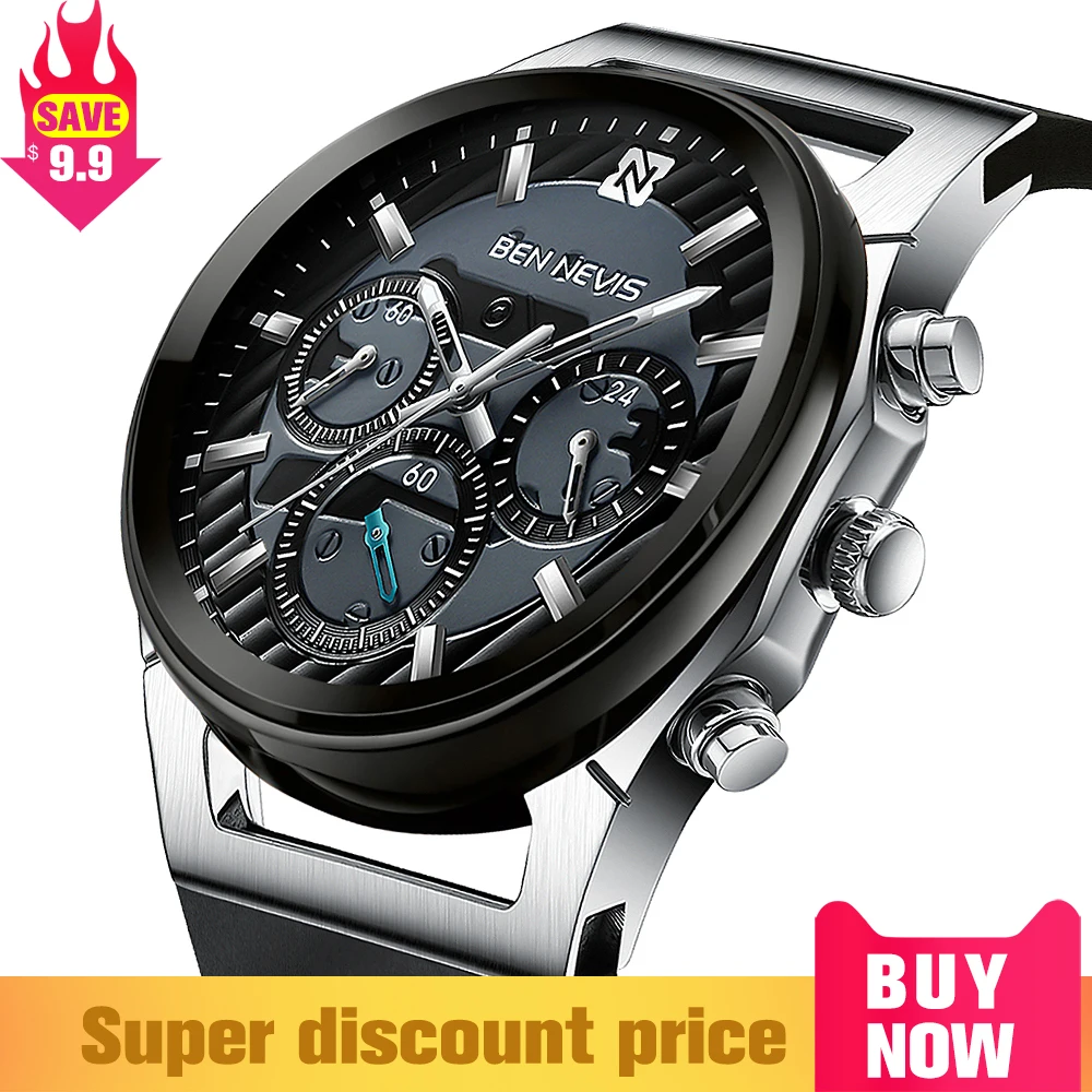 Бен Невис часы мужские 2020 водонепроницаемые Chronos серебристый черный наручные