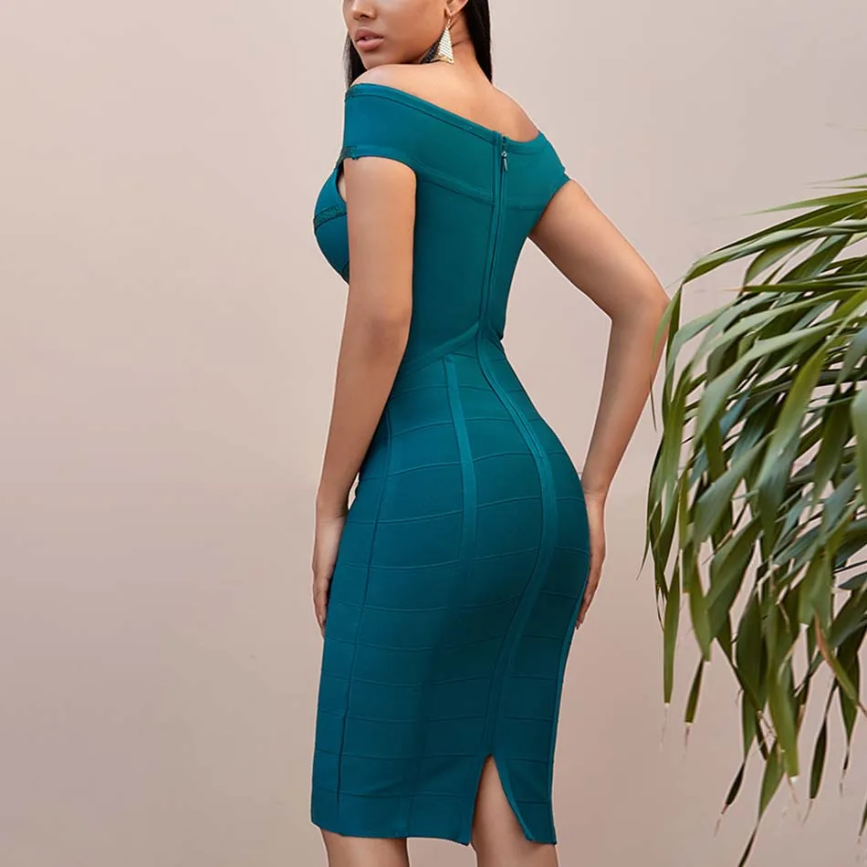 

Ailigou 2021 New Summer Green Off Shoulder Bodycon Club Bandage Dress Sexy Short Sleeve Celebrity Party Runway Dress Vestidos