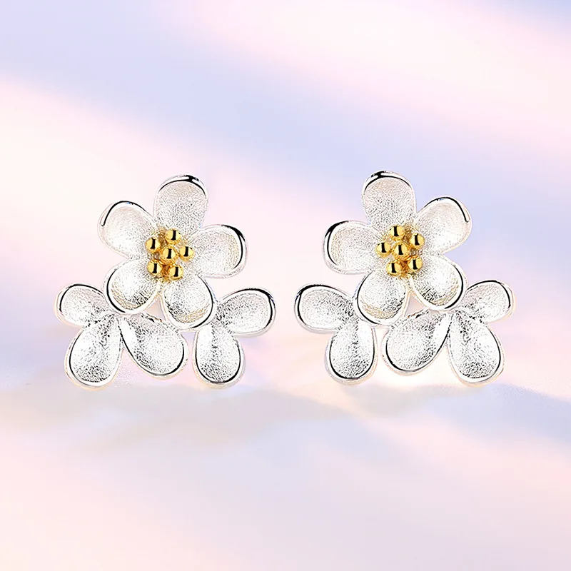 

New Style Silver Plated Cherry Blossoms Stud Earring 2021 Fashion Fresh Women Anti Allergy Earring Charm Lady Daily Wear Jewelry