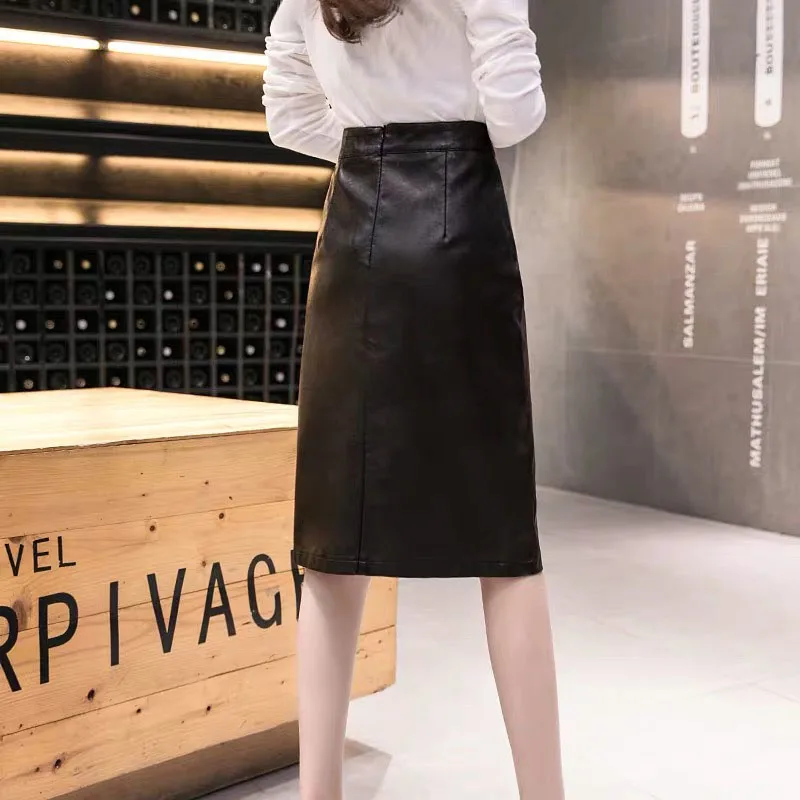 

2020 Autumn Winter Khaki PU Leathe Skirts Womens Fashion Streetwear High Waist Single Breasted Split Mid Skirt Black Mujer