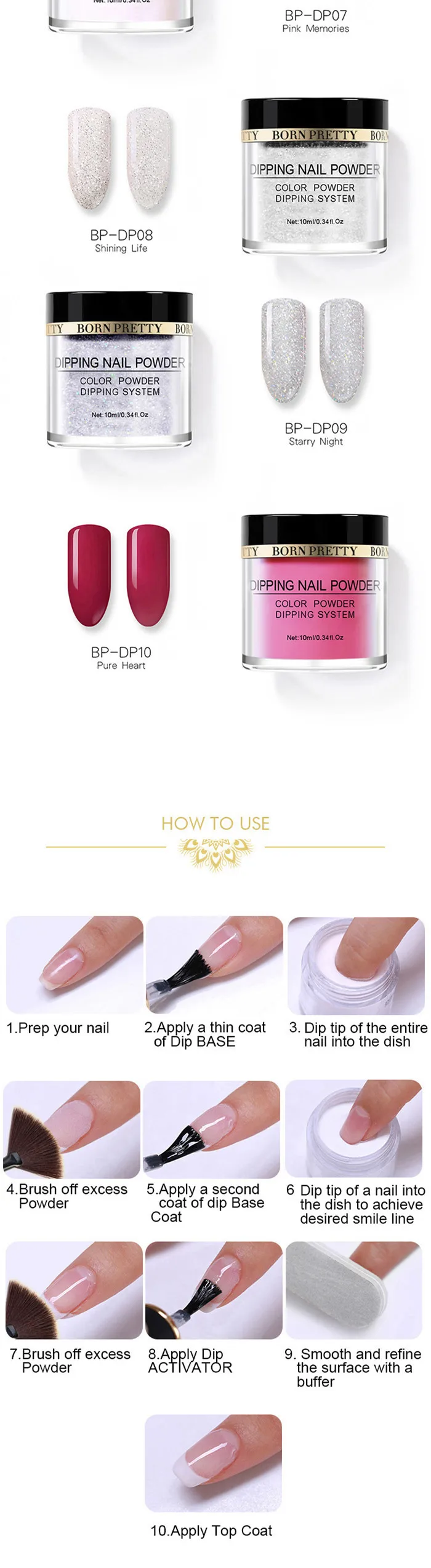 BORN PREETY Nail Dipping Gradient Color French Nail Glitter White Powder without Lamp Cure Nail Art Decorations Fan Brush