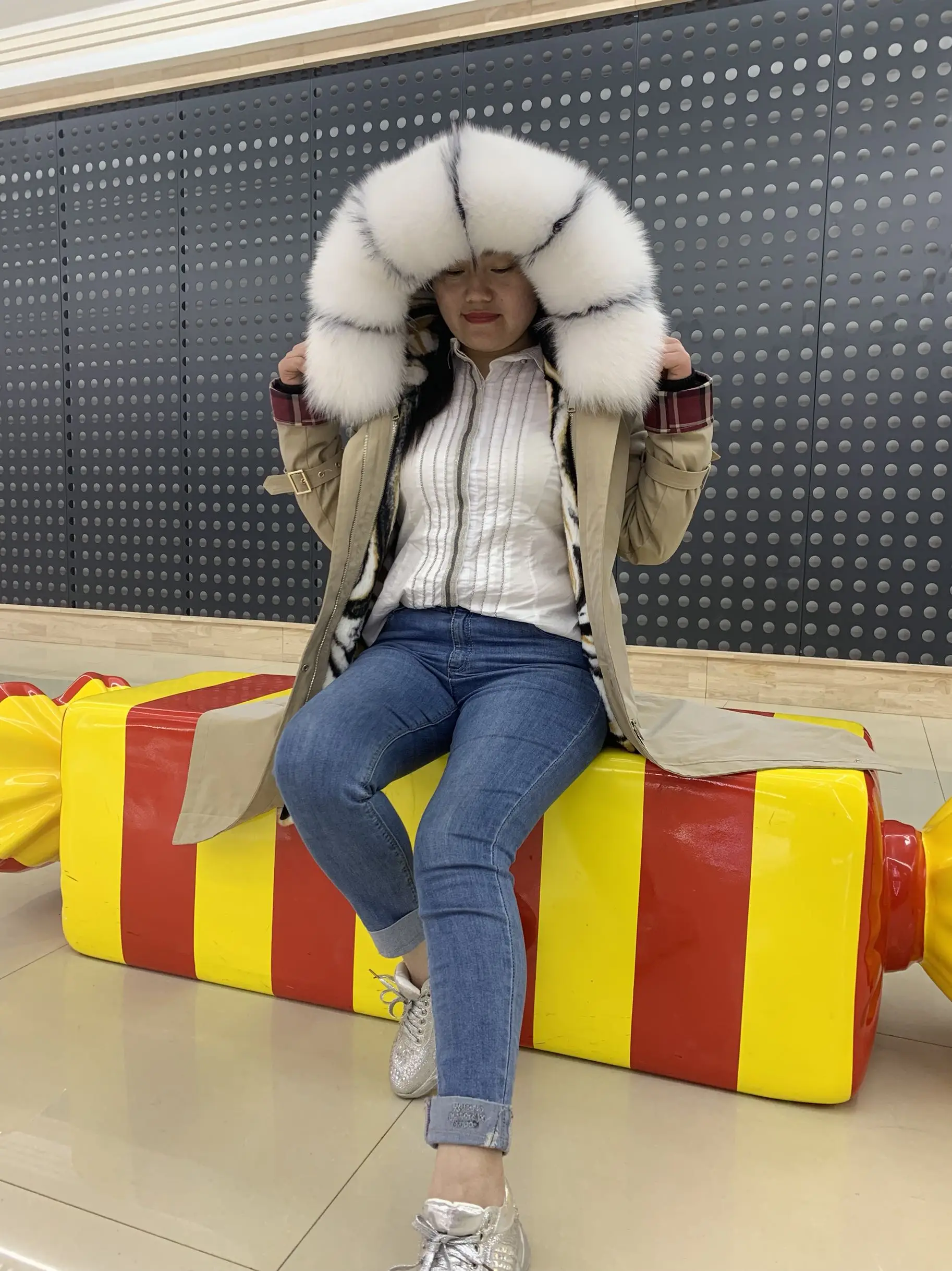 Новейший стиль, Супер длинная парка, женский толстый теплый зимний натуральный мех, пальто со съемным кроличьим меховым воротником