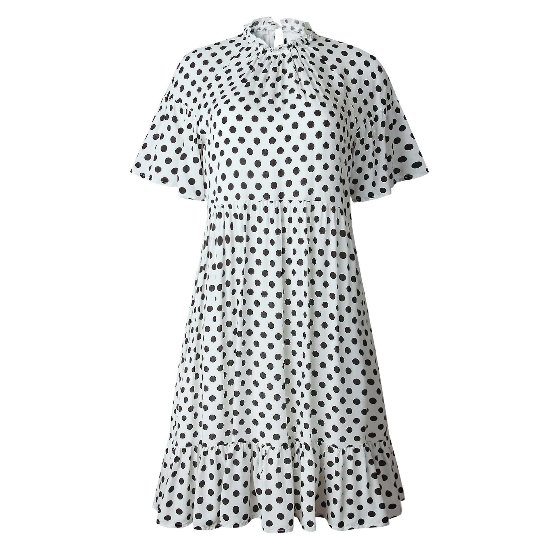 

Polka Dot Print Ruffle Women Dress Casual Pleated O Neck Short Sleeve Summer Loose Beach Dresses Vintage Ladies Party Mini Dress