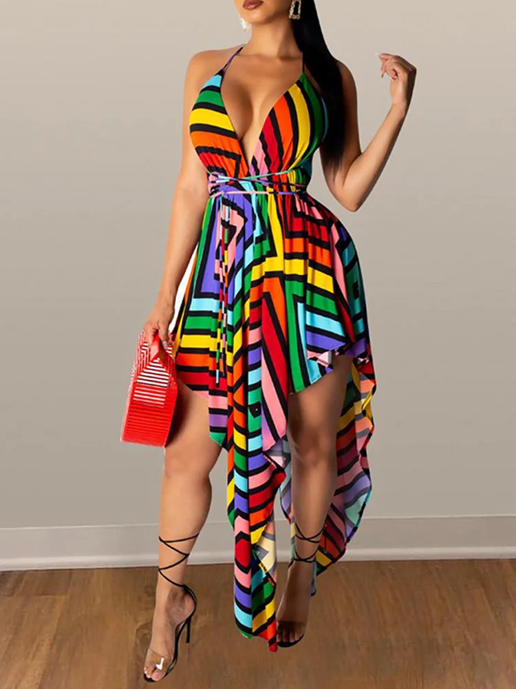 

Women Multicolor Irregular Hem Dress Female Sexy Deep V Backless Midi Party Club Dress