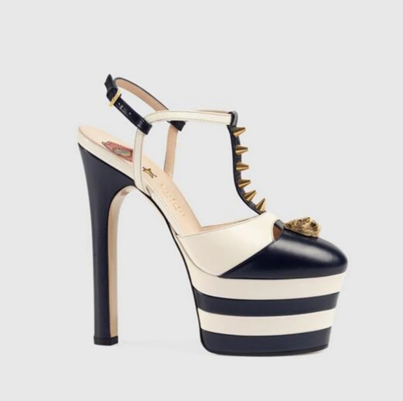 navy blue striped Босоножки с круглым носком; черные туфли-лодочки в готическом стиле; фирменные туфли-лодочки с открытым Т-образным ремешком; женские туфли-стилеты из змеиной кожи; Туфли на очень высоком каблуке 15 см с заклепками - Цвет: navy blue striped