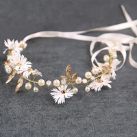 elegant headband wedding bride head jewelry fairy flower faux pearls ribbon headdress bridesmaid headpiece women hair ornament