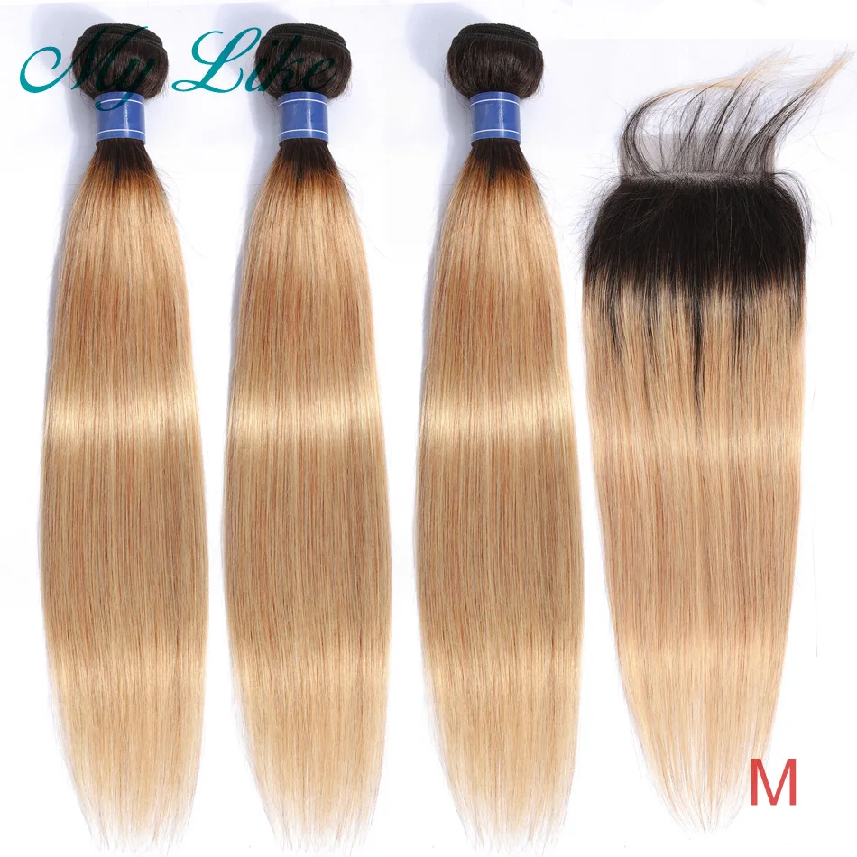 My Like прямые волосы пучки с закрытием Омбре индийские плетение 1b 27 блонд