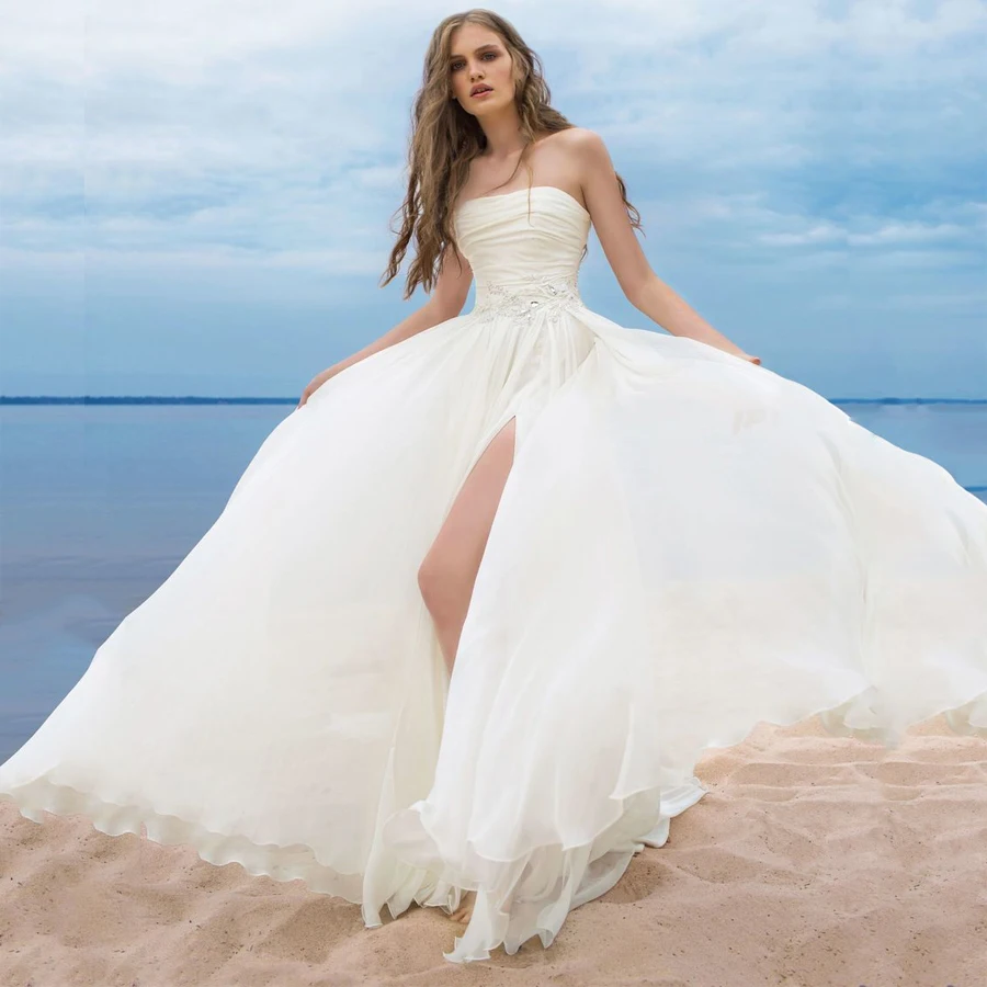 Богемные Свадебные платья бохо без бретелек рукавов с бисером блестками летние