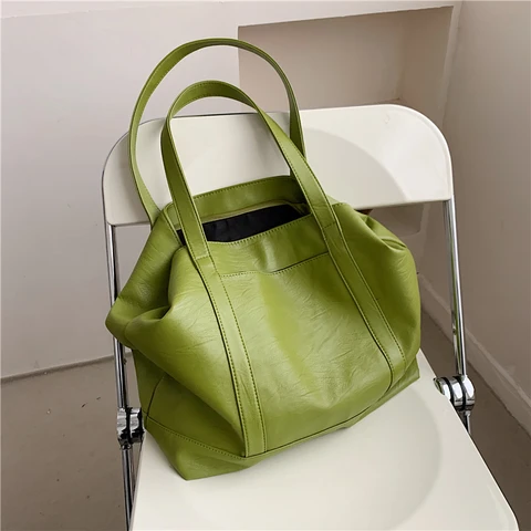 Женская Большая мягкая сумка-тоут из искусственной кожи, сумка через плечо, зеленая, белая, коричневая, лето 2021