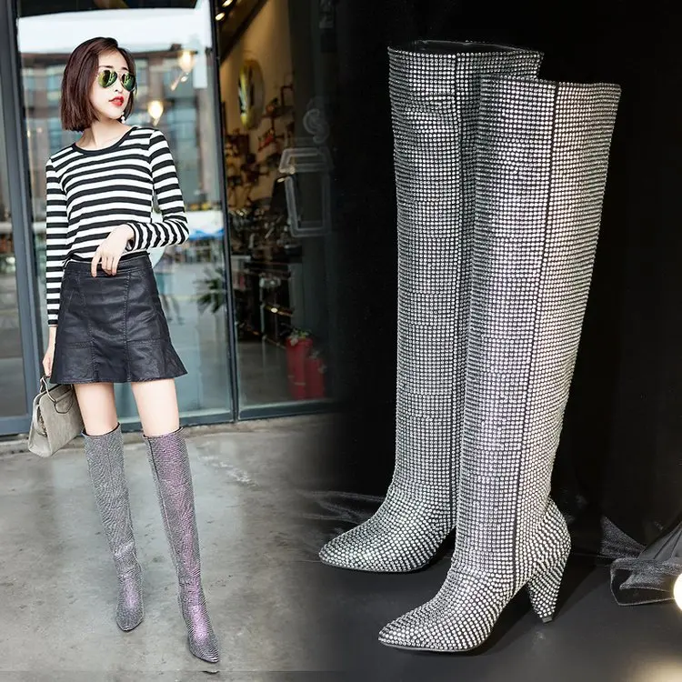 Стразы обувь в западном стиле Женские высокие сапоги Сапоги выше колена Осенние